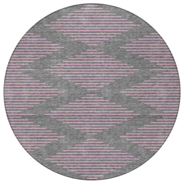 8' Gray And Pink Round Geometric Washable Indoor Outdoor Area Rug