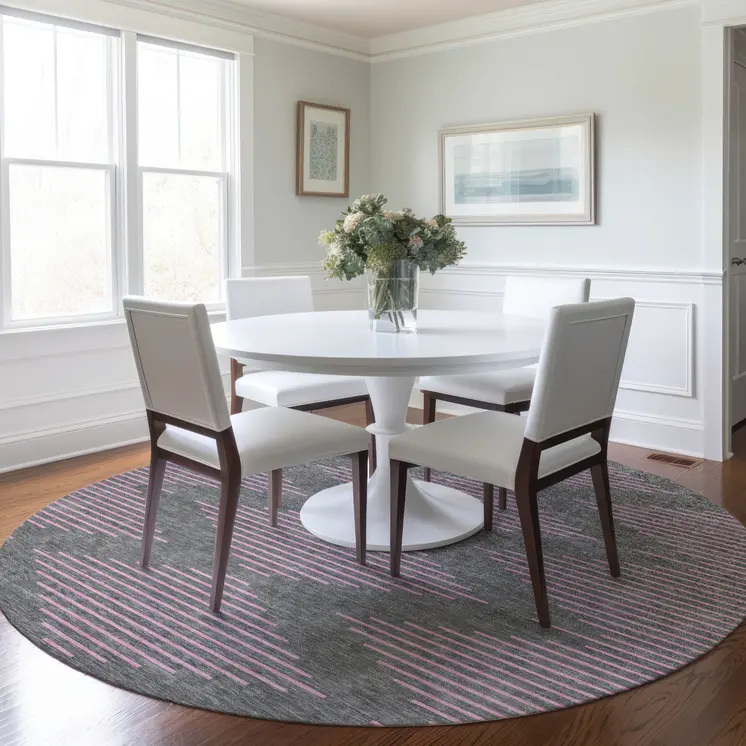 8' Gray And Pink Round Geometric Washable Indoor Outdoor Area Rug