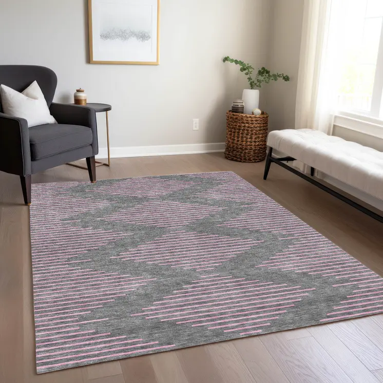 8' X 10' Gray And Pink Geometric Washable Indoor Outdoor Area Rug