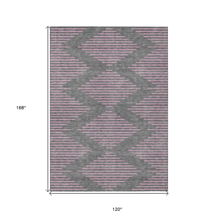 10' X 14' Gray And Pink Geometric Washable Indoor Outdoor Area Rug