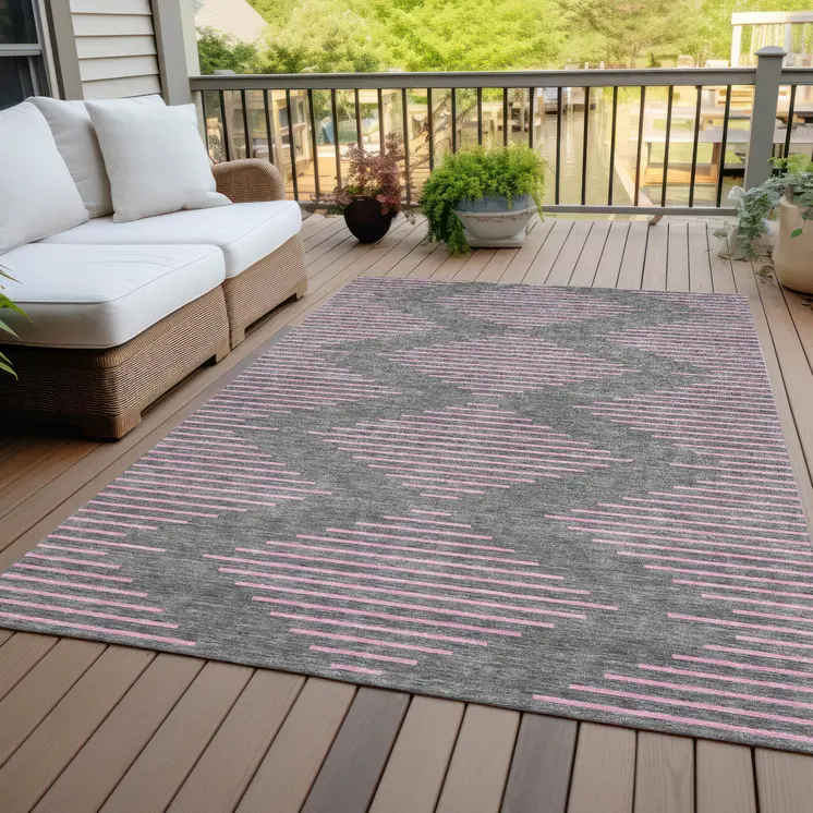 10' X 14' Gray And Pink Geometric Washable Indoor Outdoor Area Rug