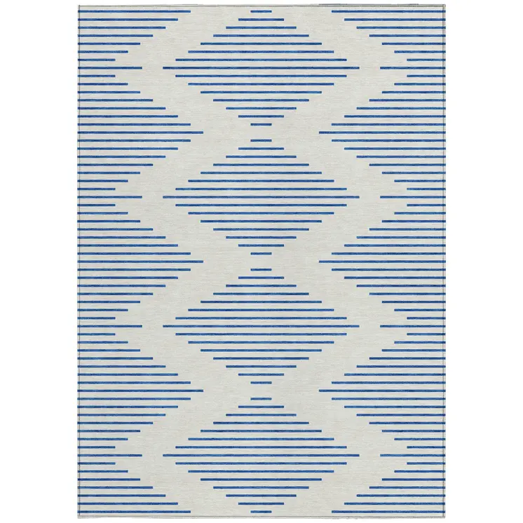 3' X 5' Ivory And Blue Geometric Washable Indoor Outdoor Area Rug