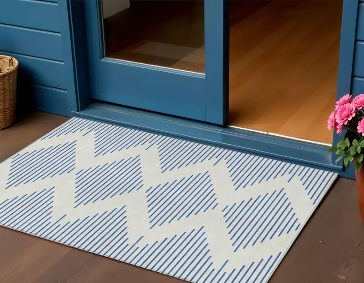 3' X 5' Ivory And Blue Geometric Washable Indoor Outdoor Area Rug