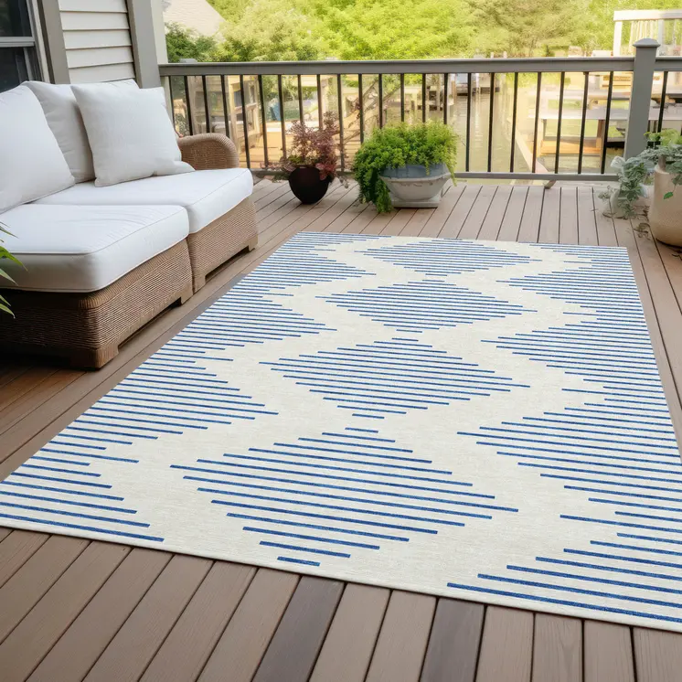 5' X 8' Ivory And Blue Geometric Washable Indoor Outdoor Area Rug