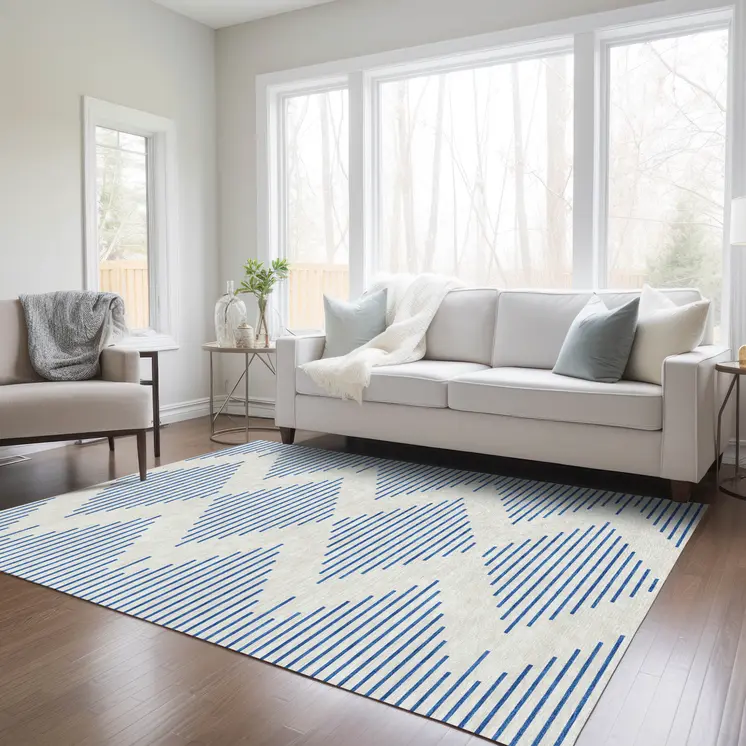 5' X 8' Ivory And Blue Geometric Washable Indoor Outdoor Area Rug