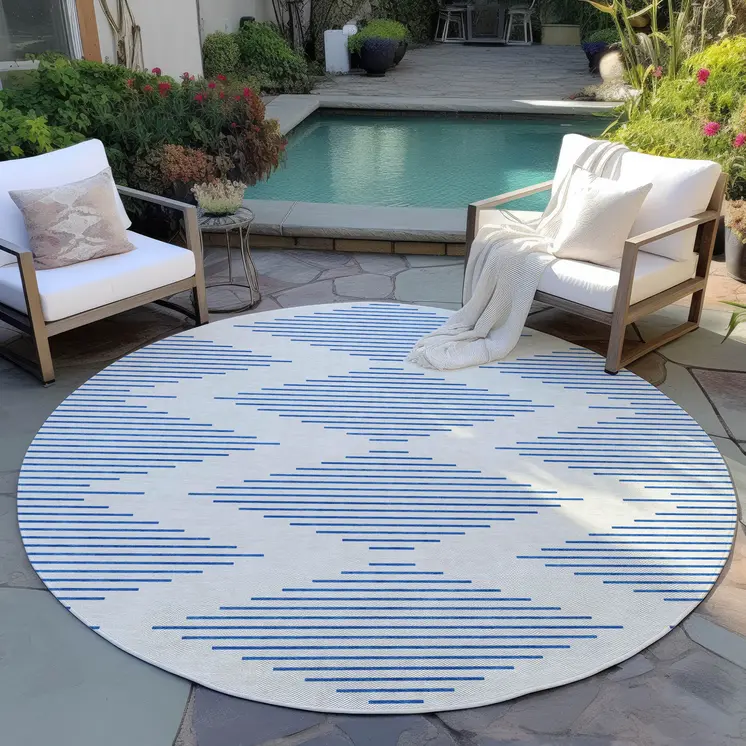 8' Ivory And Blue Round Geometric Washable Indoor Outdoor Area Rug
