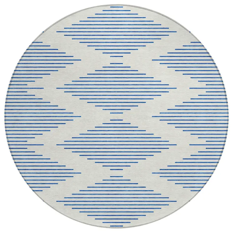 8' Ivory And Blue Round Geometric Washable Indoor Outdoor Area Rug