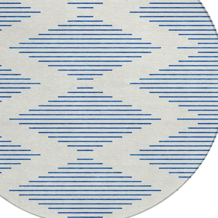 8' Ivory And Blue Round Geometric Washable Indoor Outdoor Area Rug