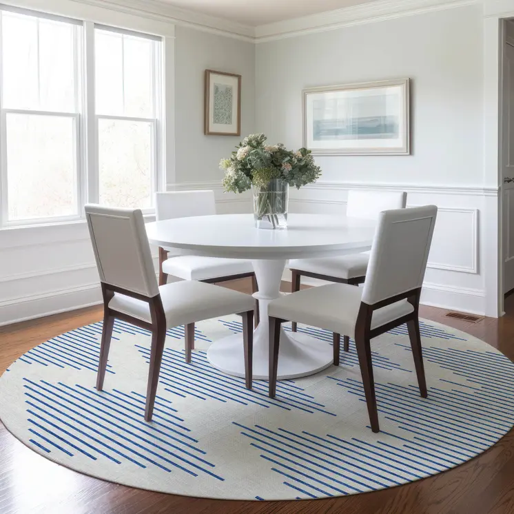 8' Ivory And Blue Round Geometric Washable Indoor Outdoor Area Rug