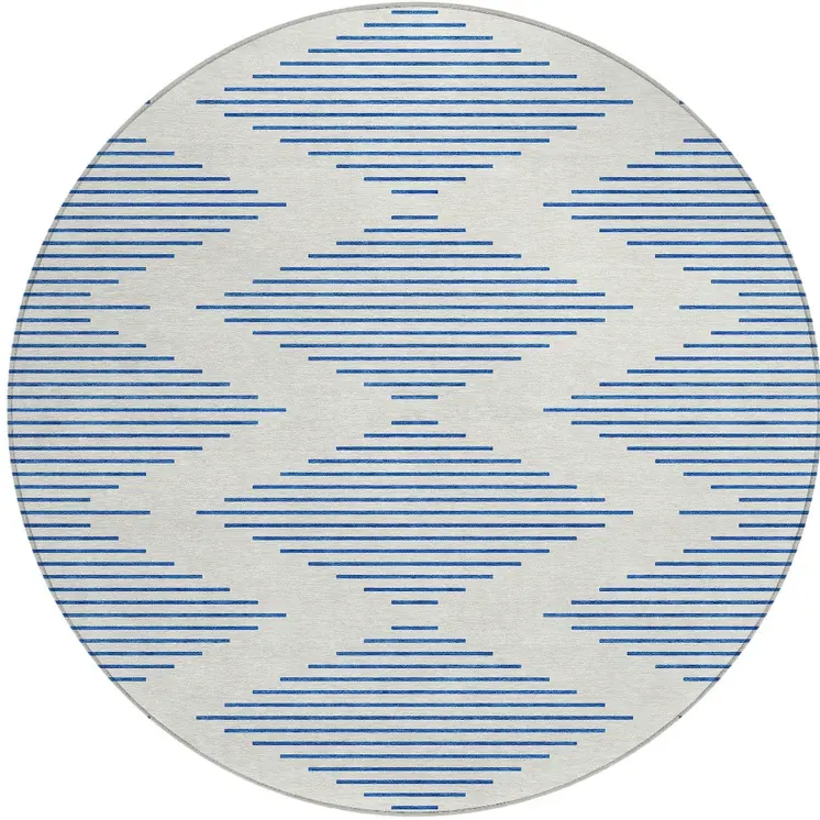 8' Ivory And Blue Round Geometric Washable Indoor Outdoor Area Rug