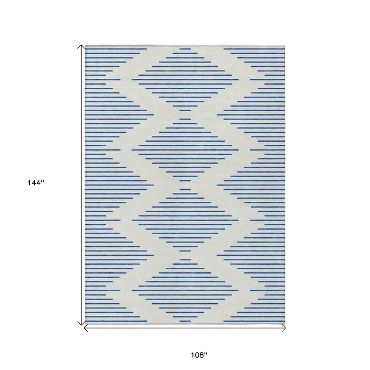 9' X 12' Ivory And Blue Geometric Washable Indoor Outdoor Area Rug