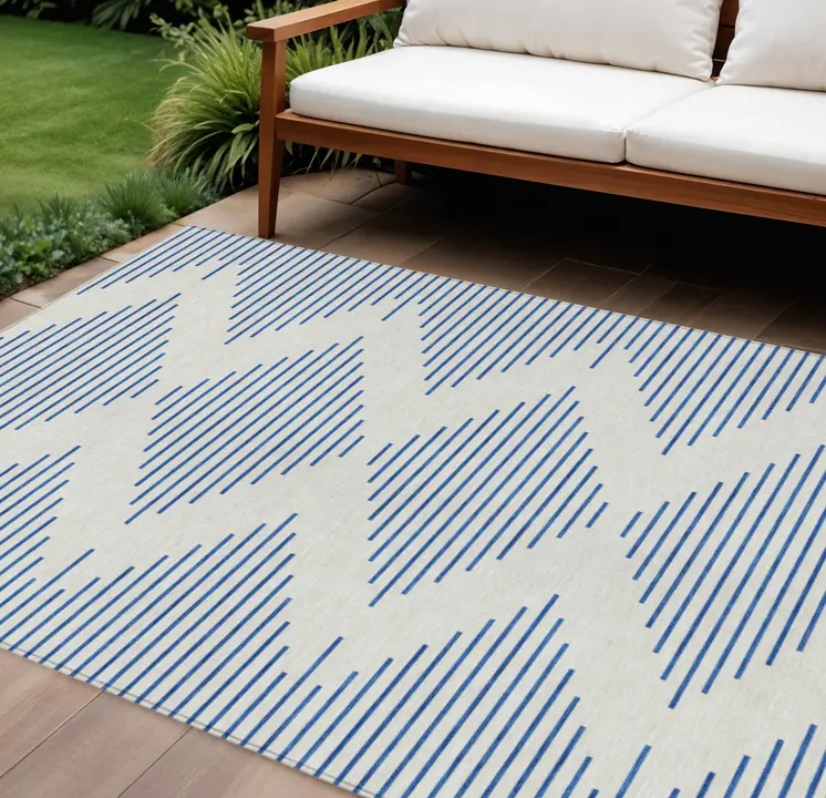 9' X 12' Ivory And Blue Geometric Washable Indoor Outdoor Area Rug