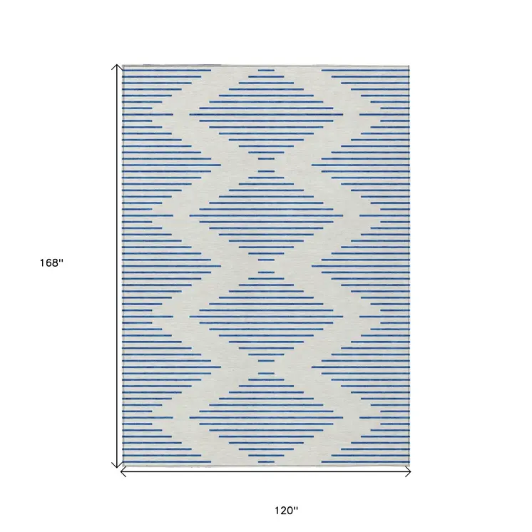 10' X 14' Ivory And Blue Geometric Washable Indoor Outdoor Area Rug