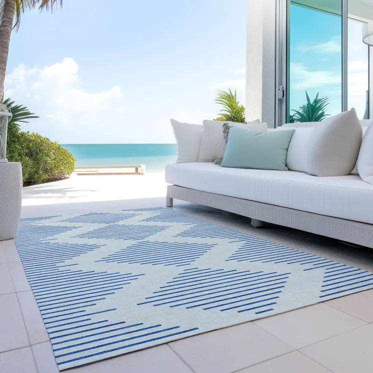 10' X 14' Ivory And Blue Geometric Washable Indoor Outdoor Area Rug