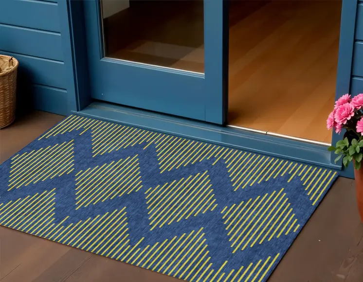 3' X 5' Navy Blue And Yellow Geometric Washable Indoor Outdoor Area Rug