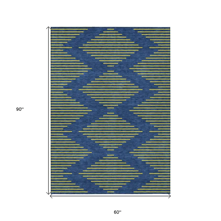 5' X 8' Navy Blue And Yellow Geometric Washable Indoor Outdoor Area Rug