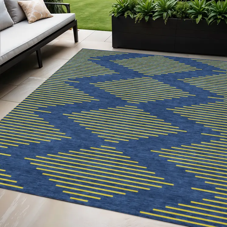 5' X 8' Navy Blue And Yellow Geometric Washable Indoor Outdoor Area Rug