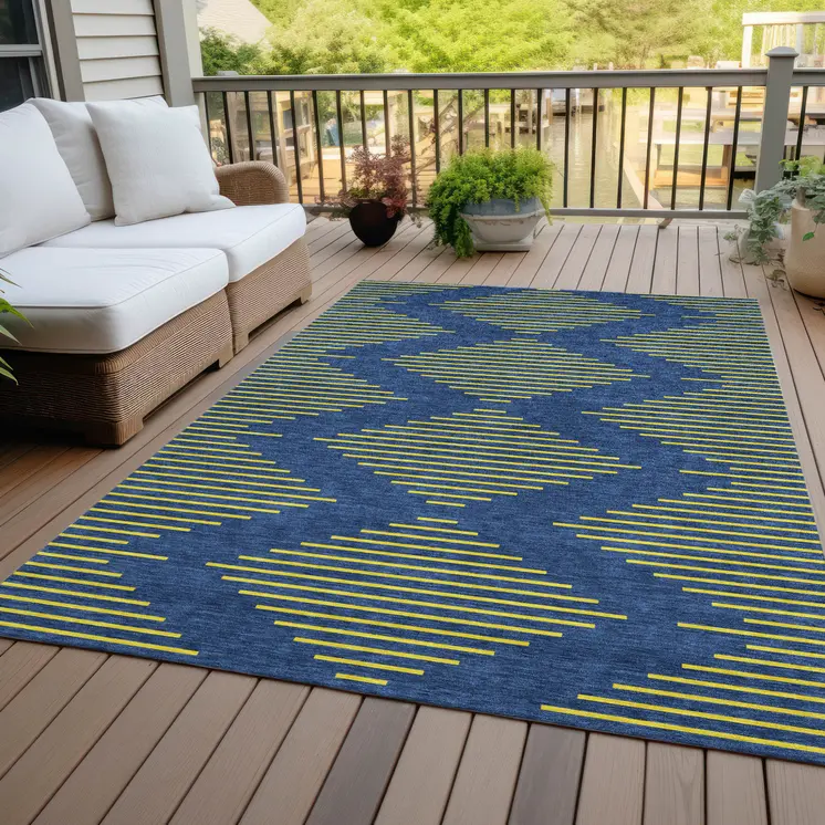 5' X 8' Navy Blue And Yellow Geometric Washable Indoor Outdoor Area Rug