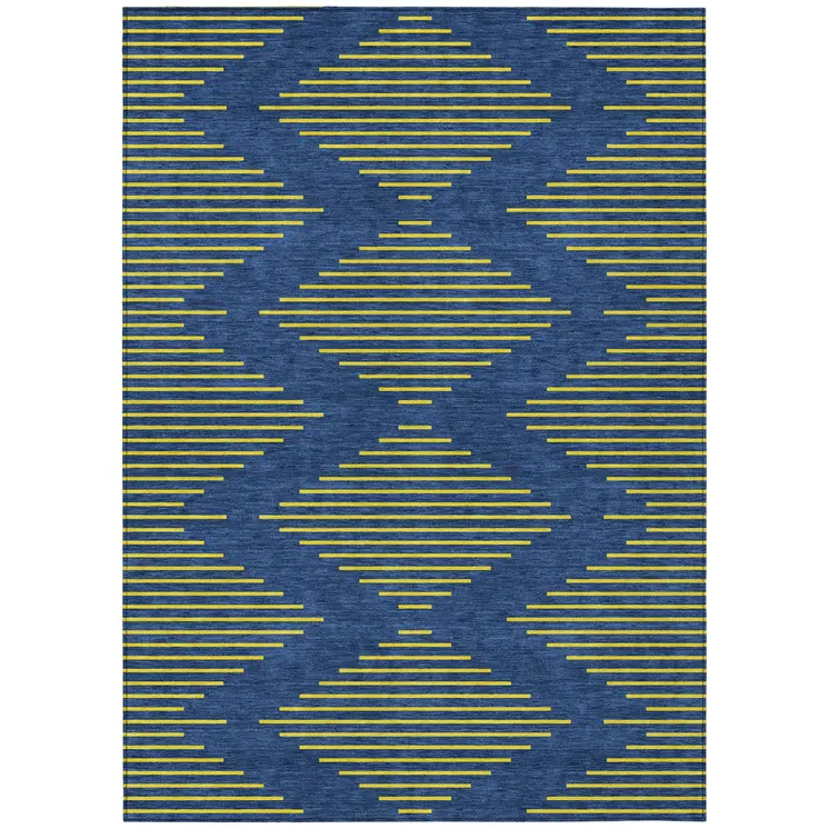 5' X 8' Navy Blue And Yellow Geometric Washable Indoor Outdoor Area Rug