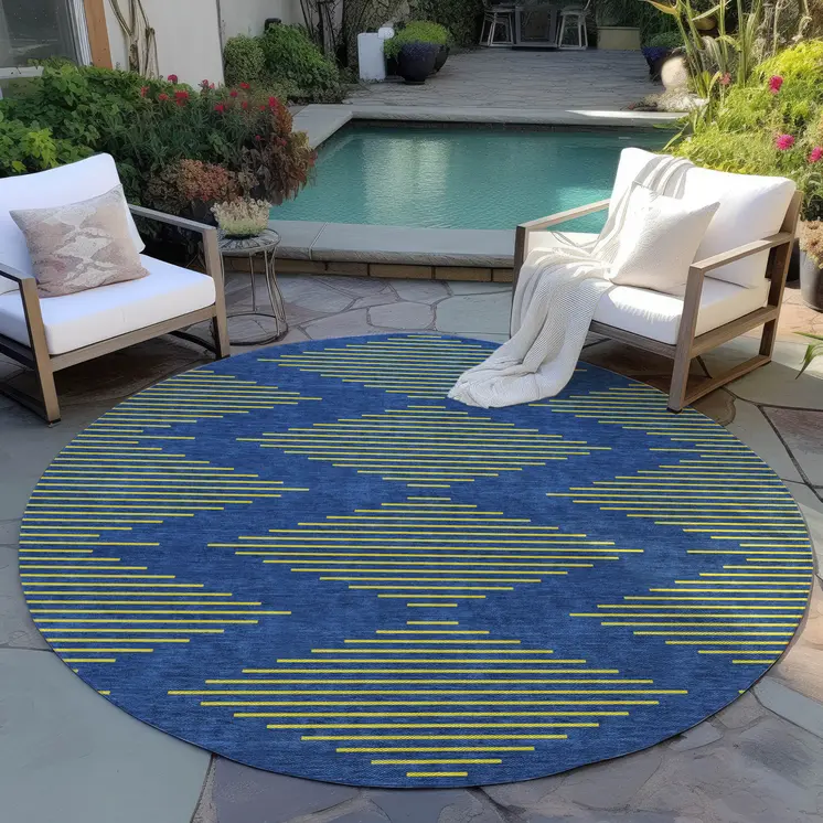 8' Navy Blue And Yellow Round Geometric Washable Indoor Outdoor Area Rug