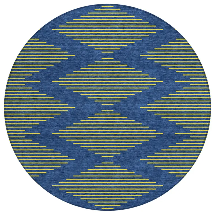 8' Navy Blue And Yellow Round Geometric Washable Indoor Outdoor Area Rug