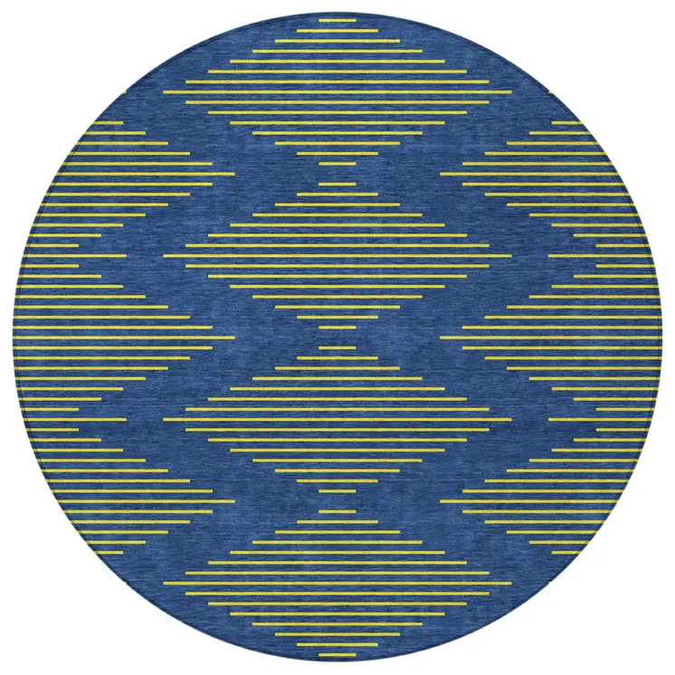 8' Navy Blue And Yellow Round Geometric Washable Indoor Outdoor Area Rug