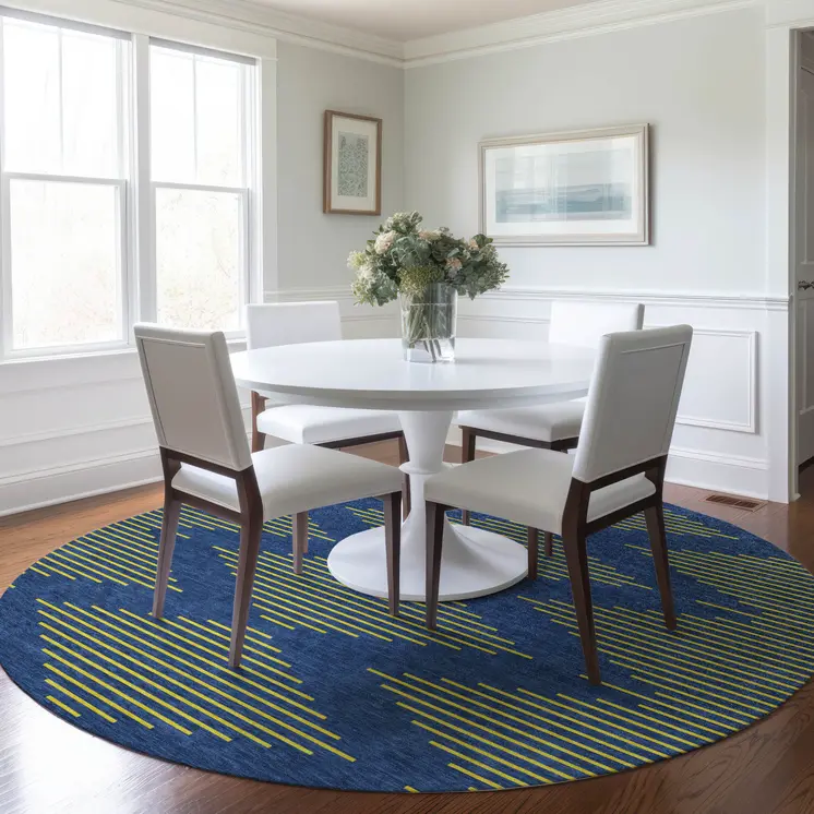 8' Navy Blue And Yellow Round Geometric Washable Indoor Outdoor Area Rug