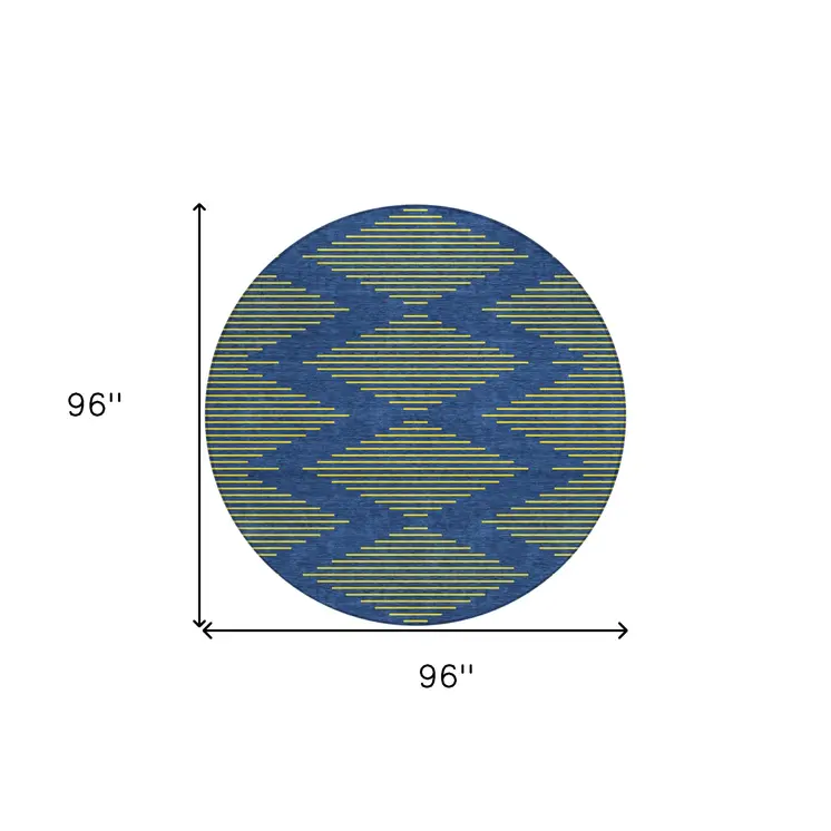 8' Navy Blue And Yellow Round Geometric Washable Indoor Outdoor Area Rug