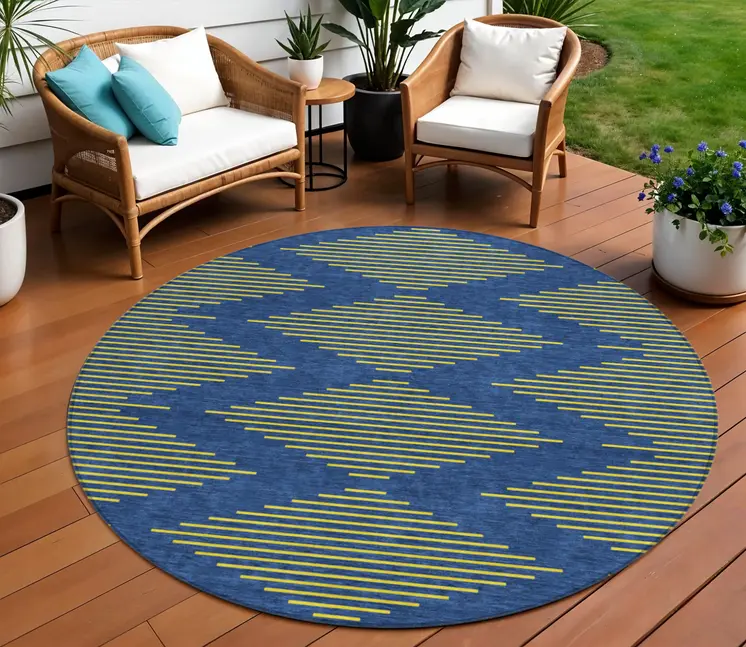 8' Navy Blue And Yellow Round Geometric Washable Indoor Outdoor Area Rug