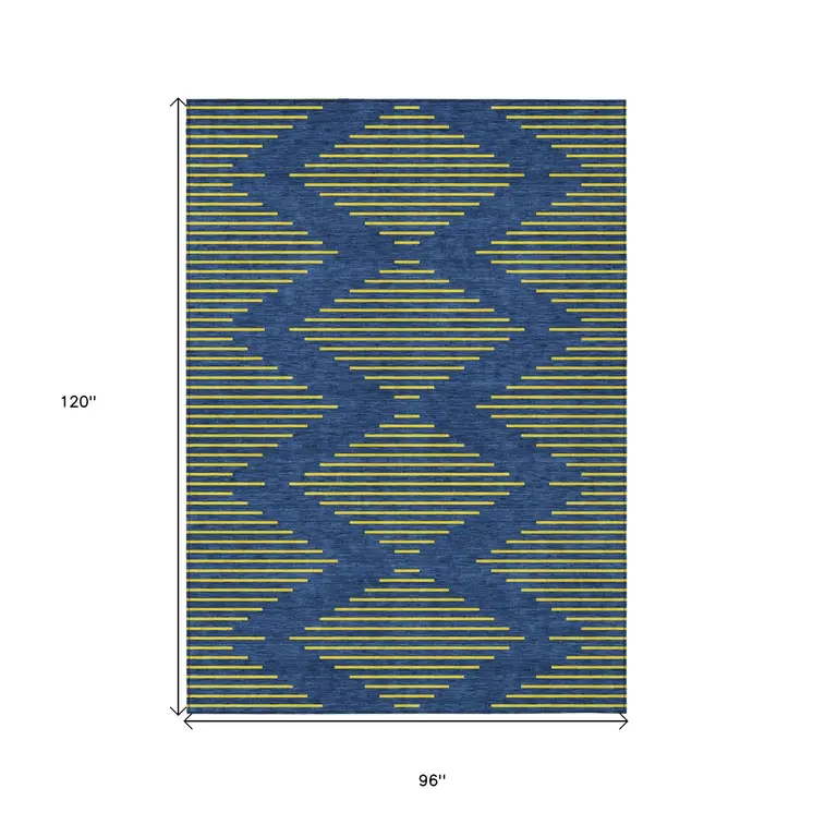8' X 10' Navy Blue And Yellow Geometric Washable Indoor Outdoor Area Rug