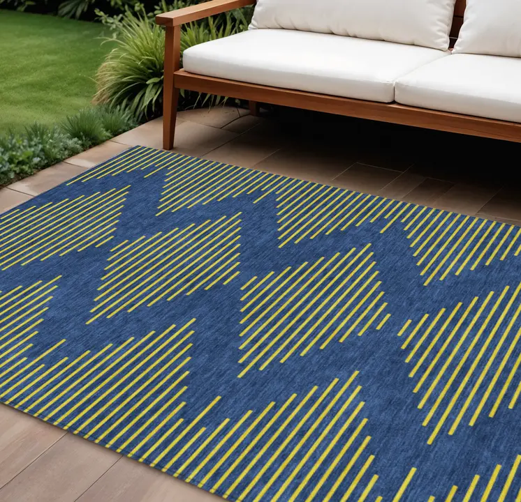 8' X 10' Navy Blue And Yellow Geometric Washable Indoor Outdoor Area Rug