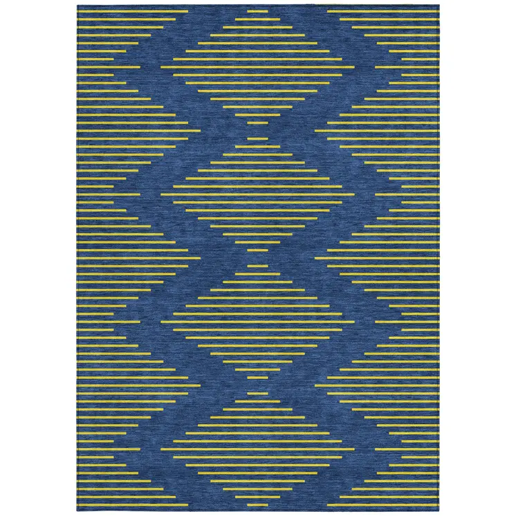 8' X 10' Navy Blue And Yellow Geometric Washable Indoor Outdoor Area Rug