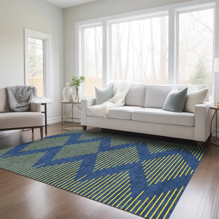 8' X 10' Navy Blue And Yellow Geometric Washable Indoor Outdoor Area Rug