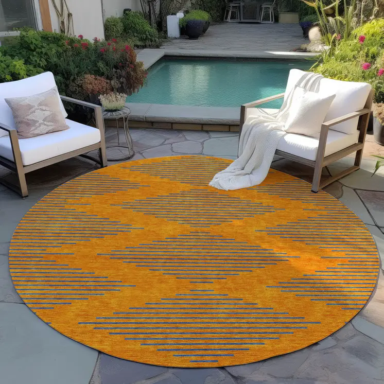 8' Orange And Blue Round Geometric Washable Indoor Outdoor Area Rug