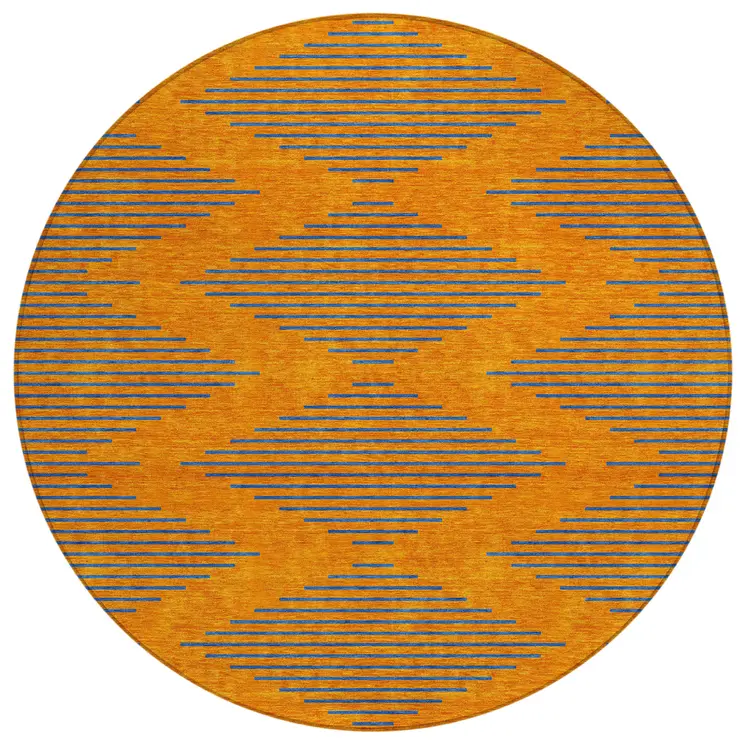 8' Orange And Blue Round Geometric Washable Indoor Outdoor Area Rug