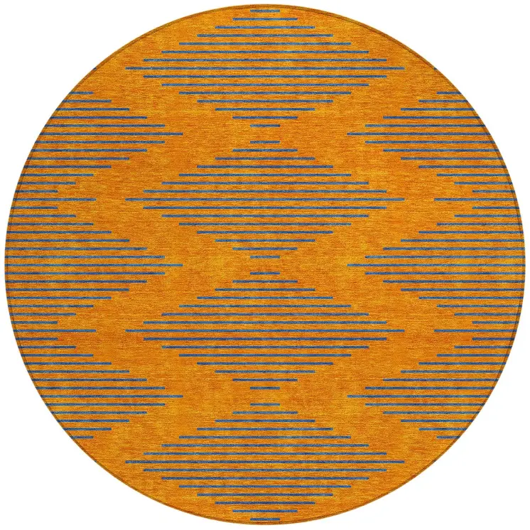 8' Orange And Blue Round Geometric Washable Indoor Outdoor Area Rug