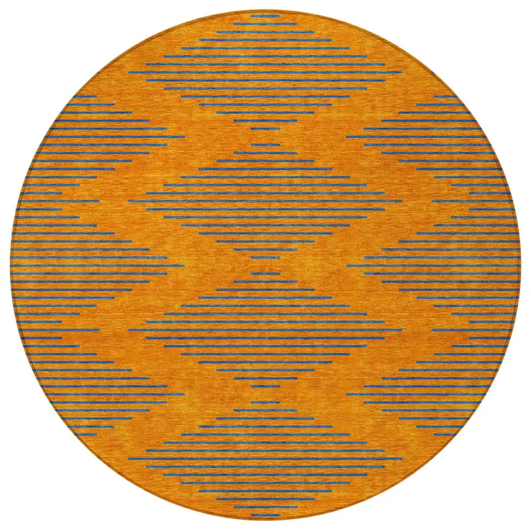 8' Orange And Blue Round Geometric Washable Indoor Outdoor Area Rug