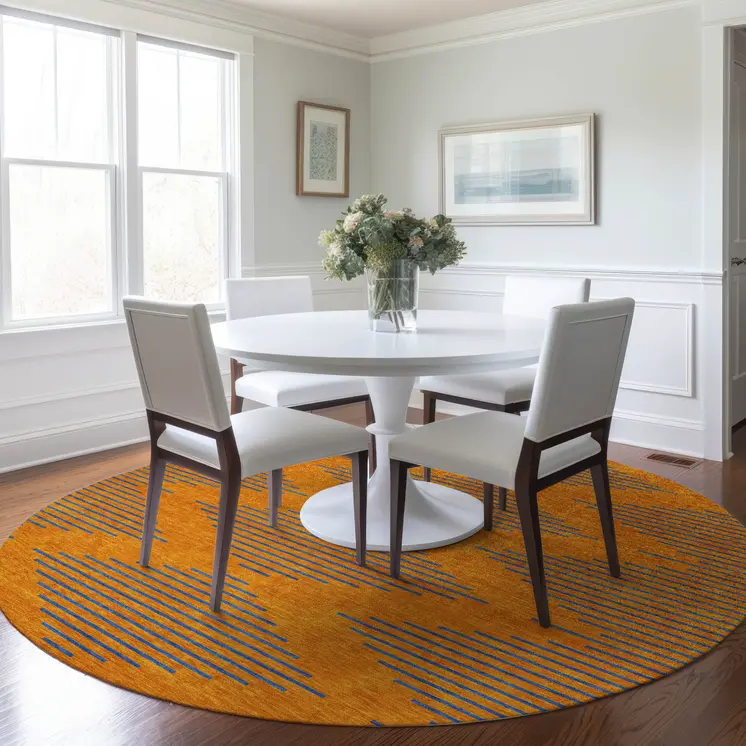 8' Orange And Blue Round Geometric Washable Indoor Outdoor Area Rug