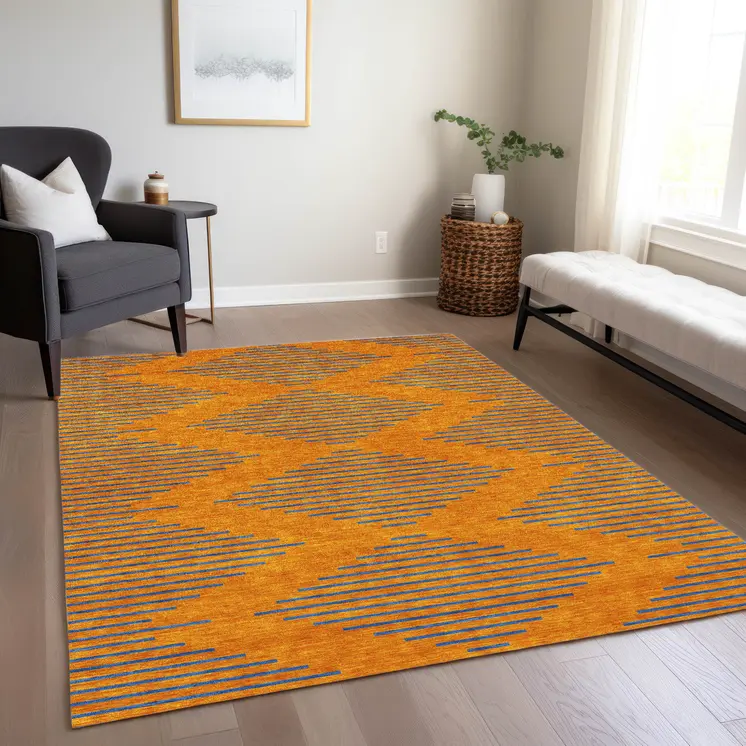 8' X 10' Orange And Blue Geometric Washable Indoor Outdoor Area Rug