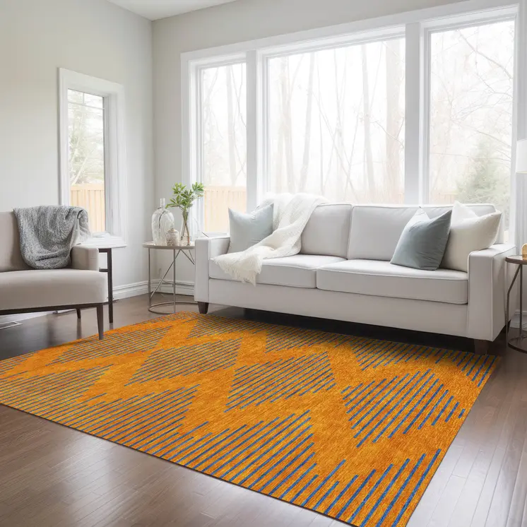 8' X 10' Orange And Blue Geometric Washable Indoor Outdoor Area Rug
