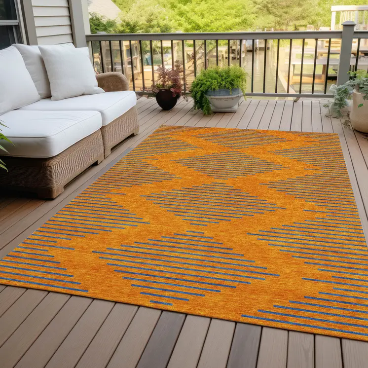 10' X 14' Orange And Blue Geometric Washable Indoor Outdoor Area Rug