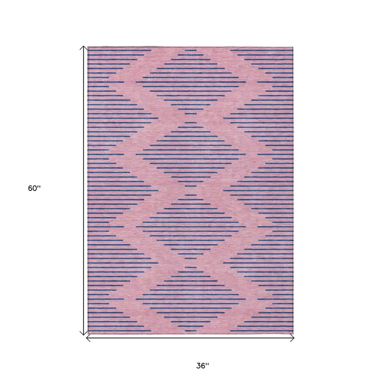 3' X 5' Pink And Blue Geometric Washable Indoor Outdoor Area Rug