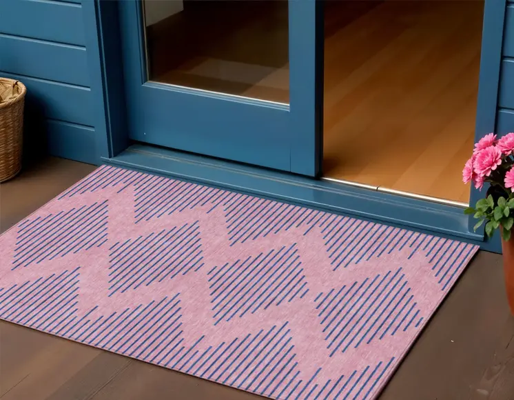 3' X 5' Pink And Blue Geometric Washable Indoor Outdoor Area Rug