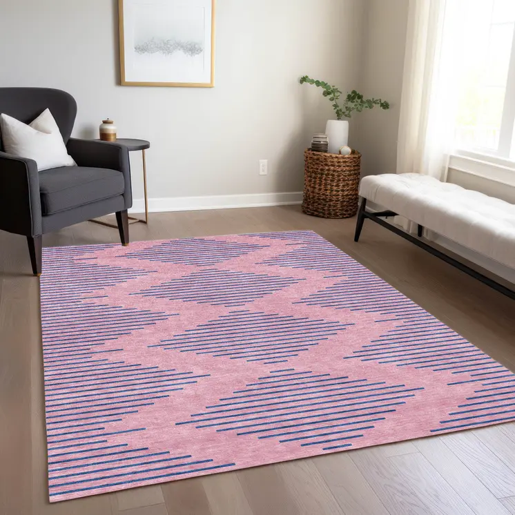 3' X 5' Pink And Blue Geometric Washable Indoor Outdoor Area Rug