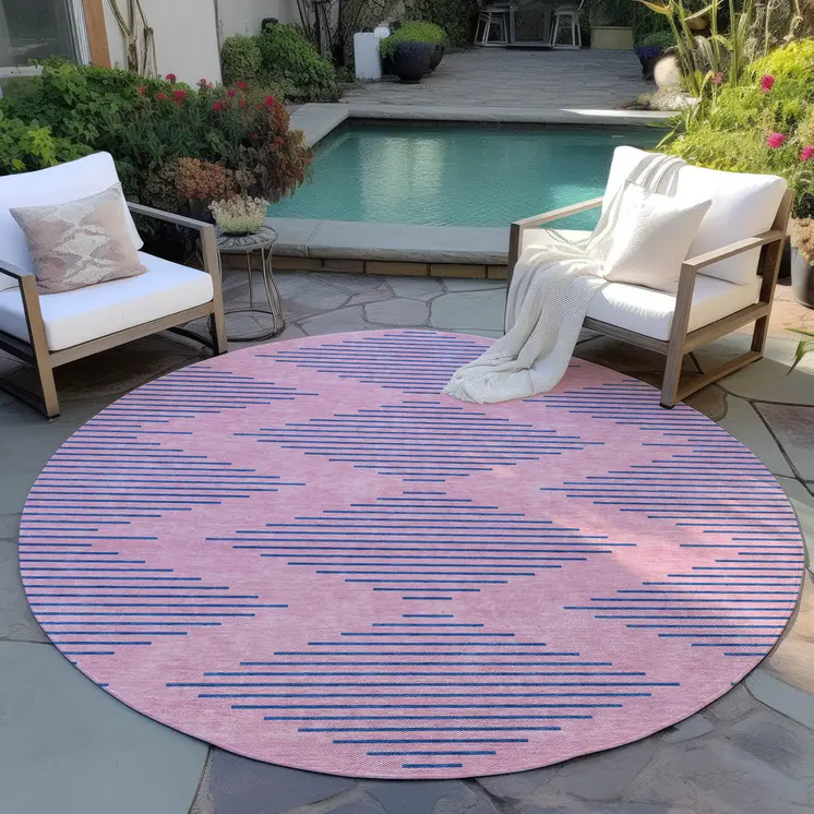 8' Pink And Blue Round Geometric Washable Indoor Outdoor Area Rug