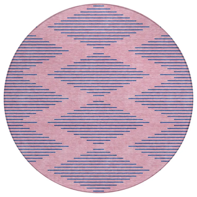 8' Pink And Blue Round Geometric Washable Indoor Outdoor Area Rug