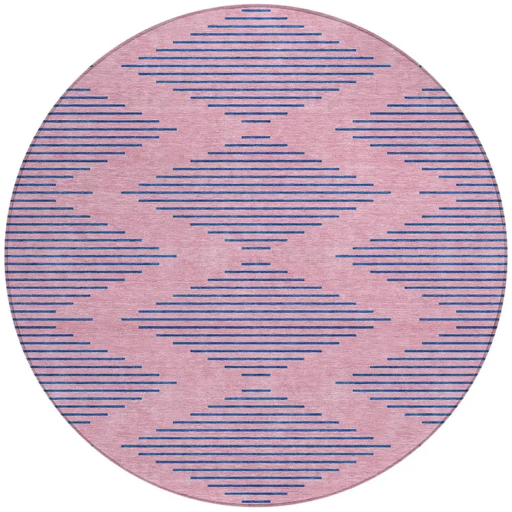 8' Pink And Blue Round Geometric Washable Indoor Outdoor Area Rug
