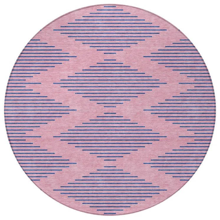8' Pink And Blue Round Geometric Washable Indoor Outdoor Area Rug