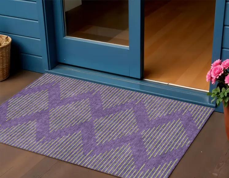 3' X 5' Purple And Green Geometric Washable Indoor Outdoor Area Rug