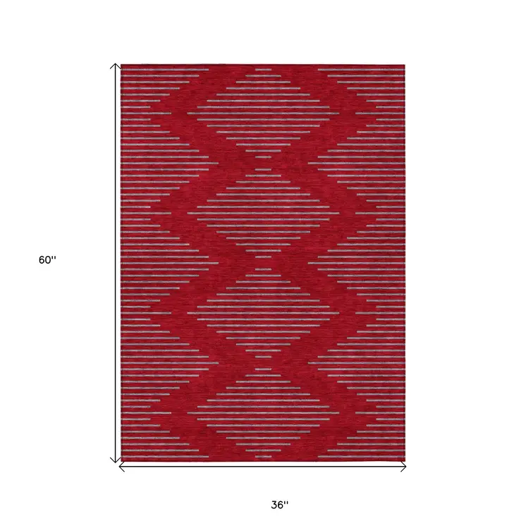 3' X 5' Red And Gray Geometric Washable Indoor Outdoor Area Rug